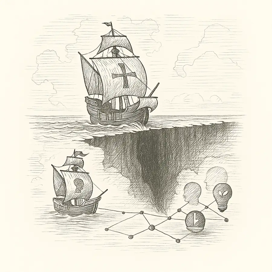 Viaje de Colón y el vacío de lo desconocido Ilustración en blanco y negro de una carabela de Colón navegando hacia un vacío en el horizonte, símbolo de lo desconocido.