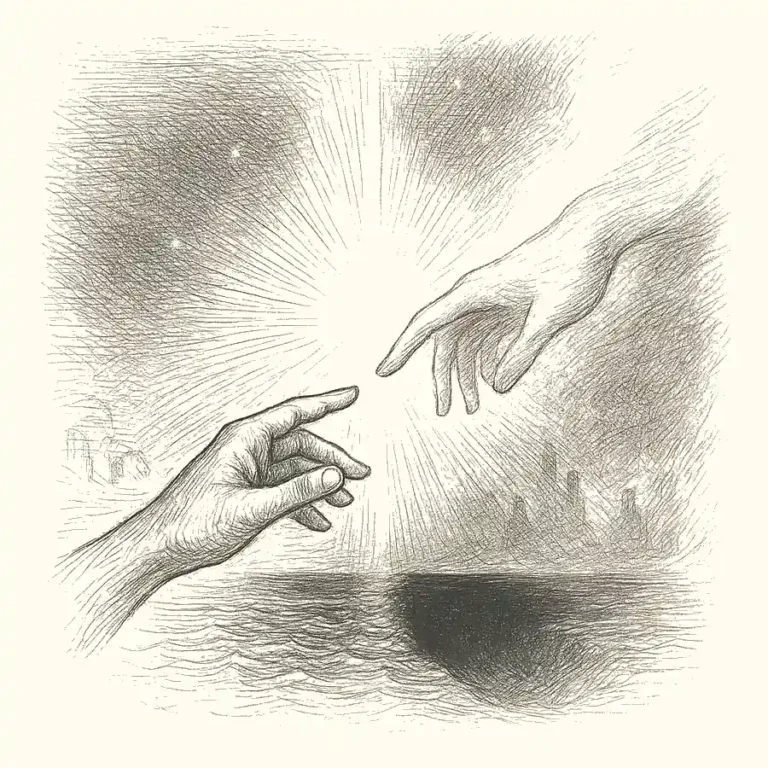 Ilustración en blanco y negro de dos manos, una humana y otra etérea, casi tocándose entre un halo de luz, simbolizando la vida después de la muerte.
