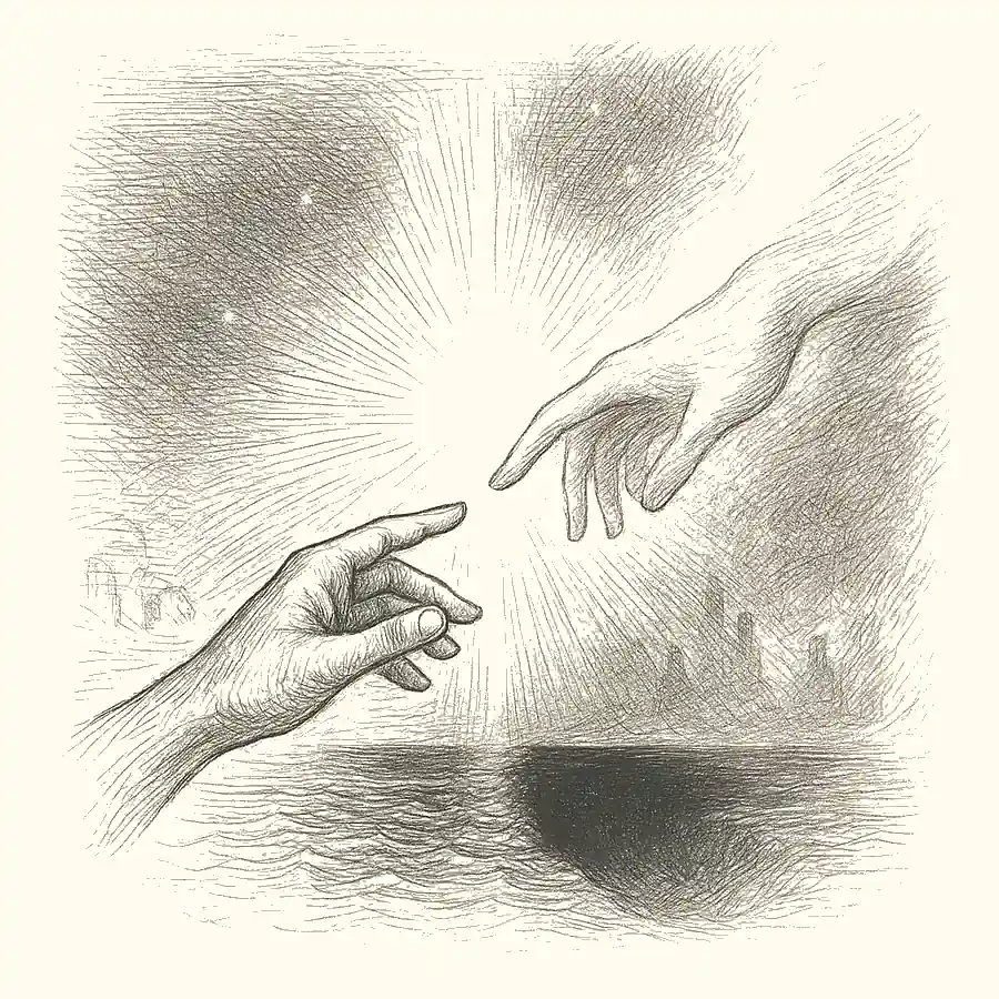 Vida después de la muerte en una mirada distinta Ilustración en blanco y negro de dos manos, una humana y otra etérea, casi tocándose entre un halo de luz, simbolizando la vida después de la muerte.