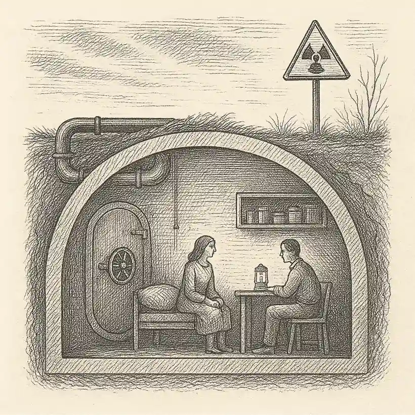 La vida en un búnker antinuclear Ilustración estilo grabado de un refugio subterráneo con dos personas en un búnker antinuclear