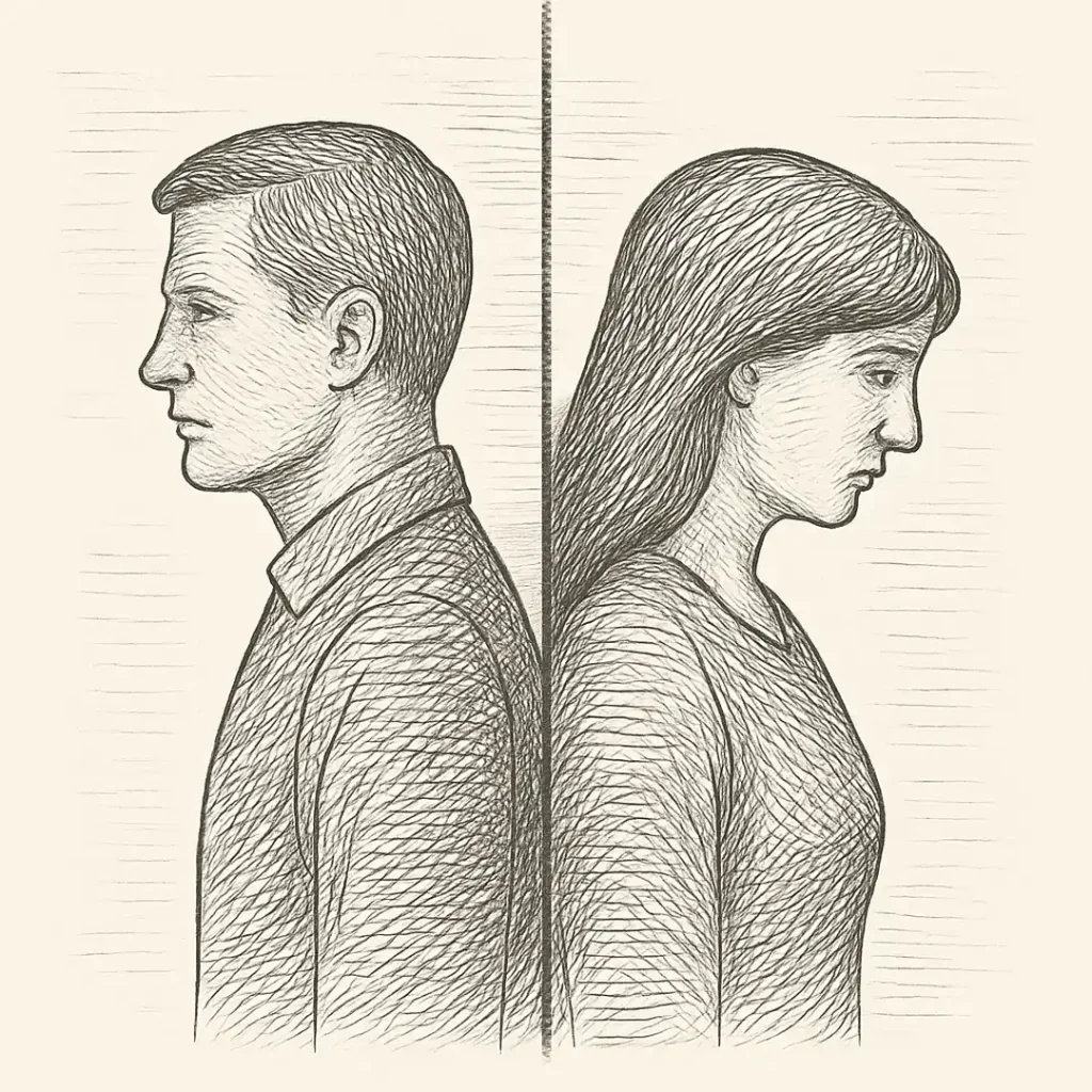 Ilustración en blanco y negro de un hombre y una mujer de espaldas, separados por una línea, símbolo de una propuesta distinta frente a la violencia de género.