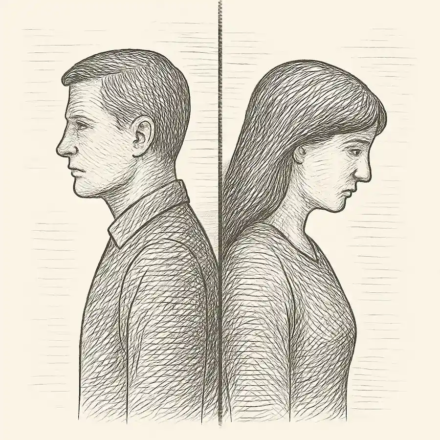 Ilustración en blanco y negro de un hombre y una mujer de espaldas, separados por una línea, símbolo de una propuesta distinta frente a la violencia de género.
