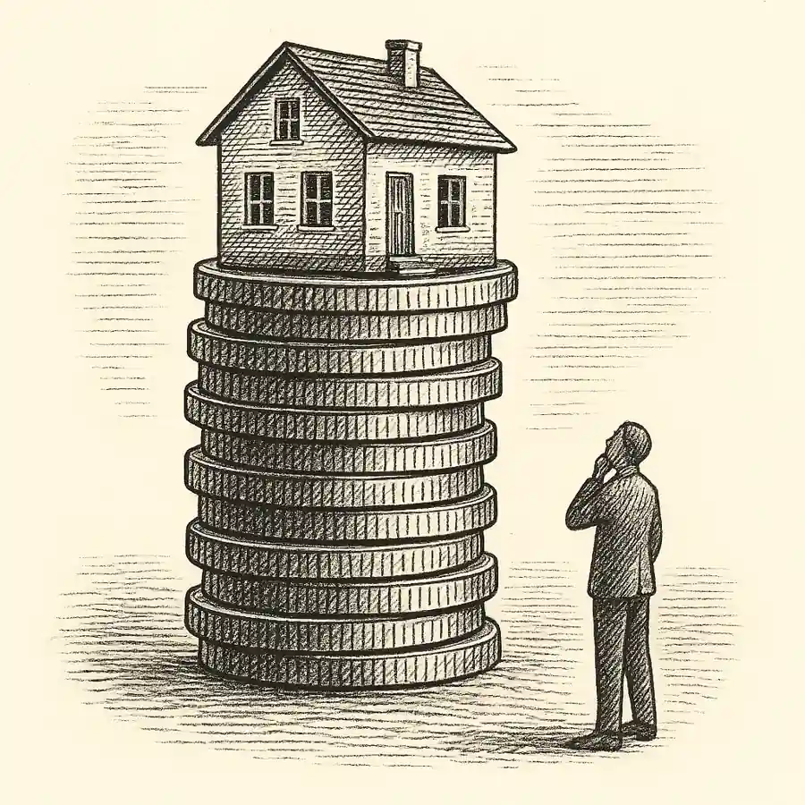 Vivienda inaccesible: soluciones reales. Vivienda sobre monedas inaccesible por su alto precio en grabado clásico.
