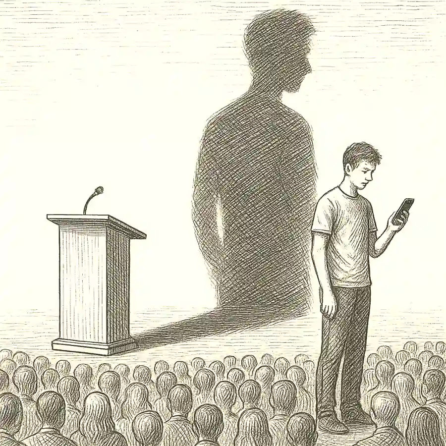La sombra de los influencers en la política Influencer eclipsando un podio político frente a una multitud