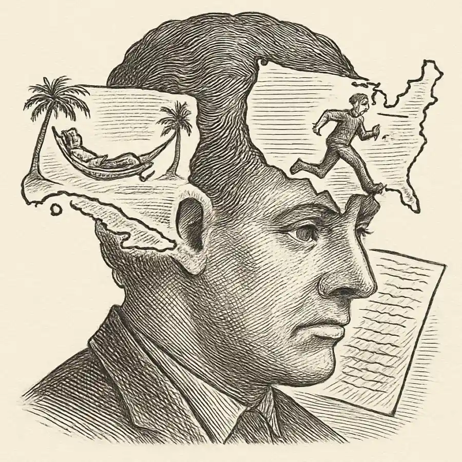 Cuba descanso, Estados Unidos carrera: el mapa mental que no me deja tranquilo — ilustración Ilustración en grabado sobre Cuba descanso, Estados Unidos carrera: el mapa mental que no me deja tranquilo