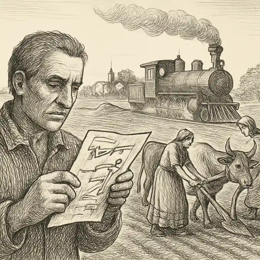 Progreso importado: cuando el futuro llega con instrucciones en otro idioma — ilustración Ilustración en grabado sobre Progreso importado: cuando el futuro llega con instrucciones en otro idioma