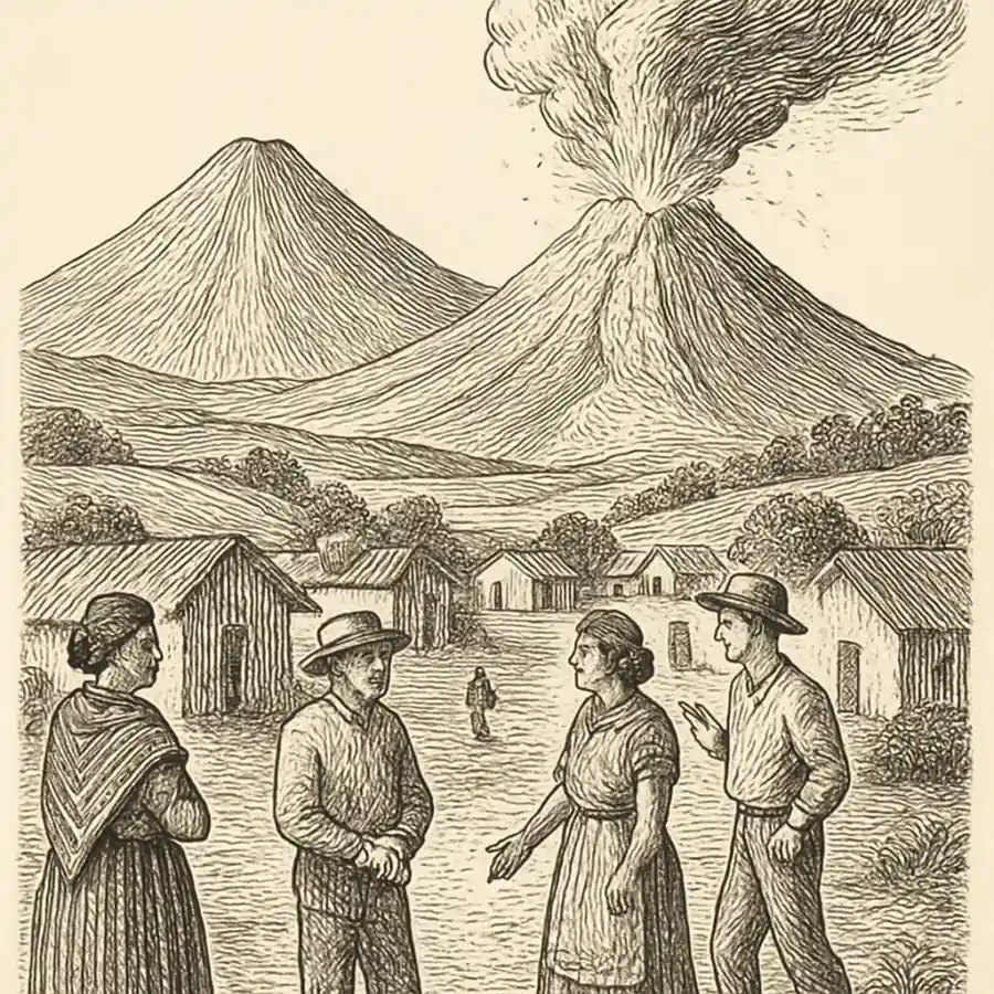 Volcanes cerca: normalizar el riesgo como forma de vida — ilustración Ilustración en grabado sobre Volcanes cerca: normalizar el riesgo como forma de vida