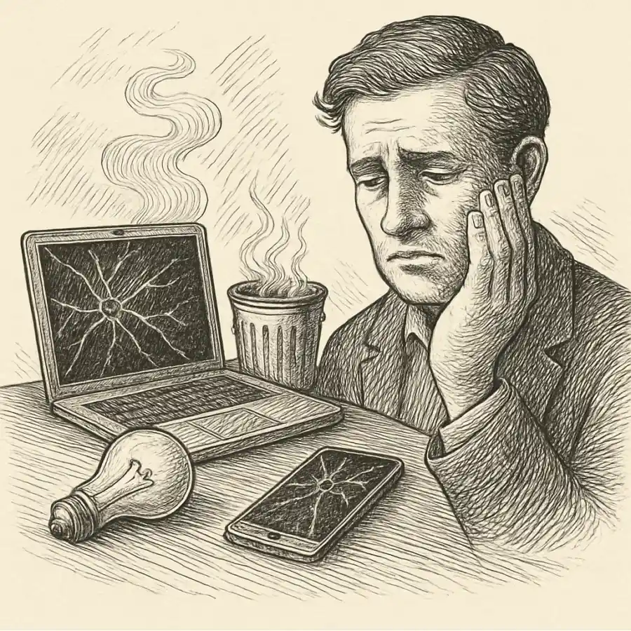 La obsolescencia programada no daña cosas: daña confianza — ilustración Ilustración en grabado sobre La obsolescencia programada no daña cosas: daña confianza