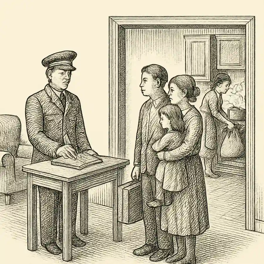 La familia como país: aduanas en la sala y contrabando en la cocina — ilustración Ilustración en grabado sobre La familia como país: aduanas en la sala y contrabando en la cocina