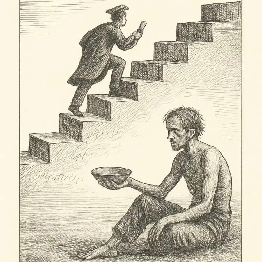 Meritocracia con hambre: cuando el esfuerzo no alcanza (y aún así te culpan) — ilustración Ilustración en grabado sobre Meritocracia con hambre: cuando el esfuerzo no alcanza (y aún así te culpan)