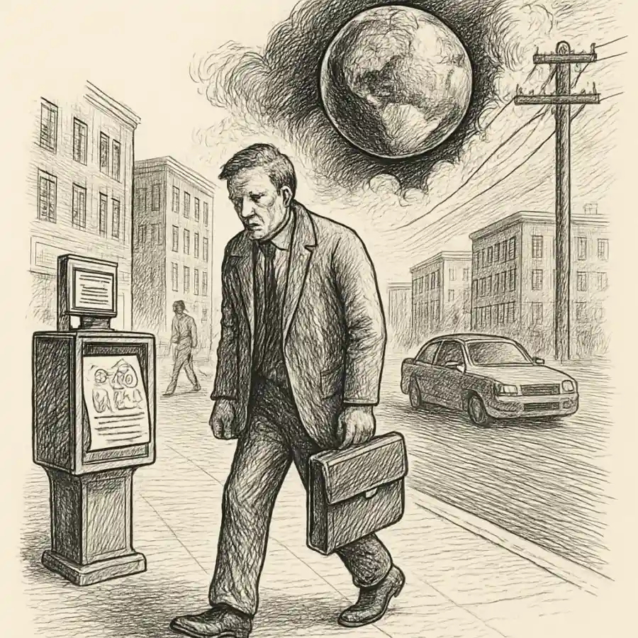 El fin del mundo no llega con trompetas: llega en modo “normal” — ilustración Ilustración en grabado sobre El fin del mundo no llega con trompetas: llega en modo “normal”