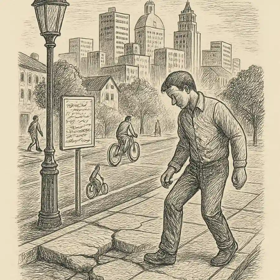 La ciudad de 15 minutos suena chido… hasta que te acuerdas de la banqueta — ilustración Ilustración en grabado sobre La ciudad de 15 minutos suena chido… hasta que te acuerdas de la banqueta
