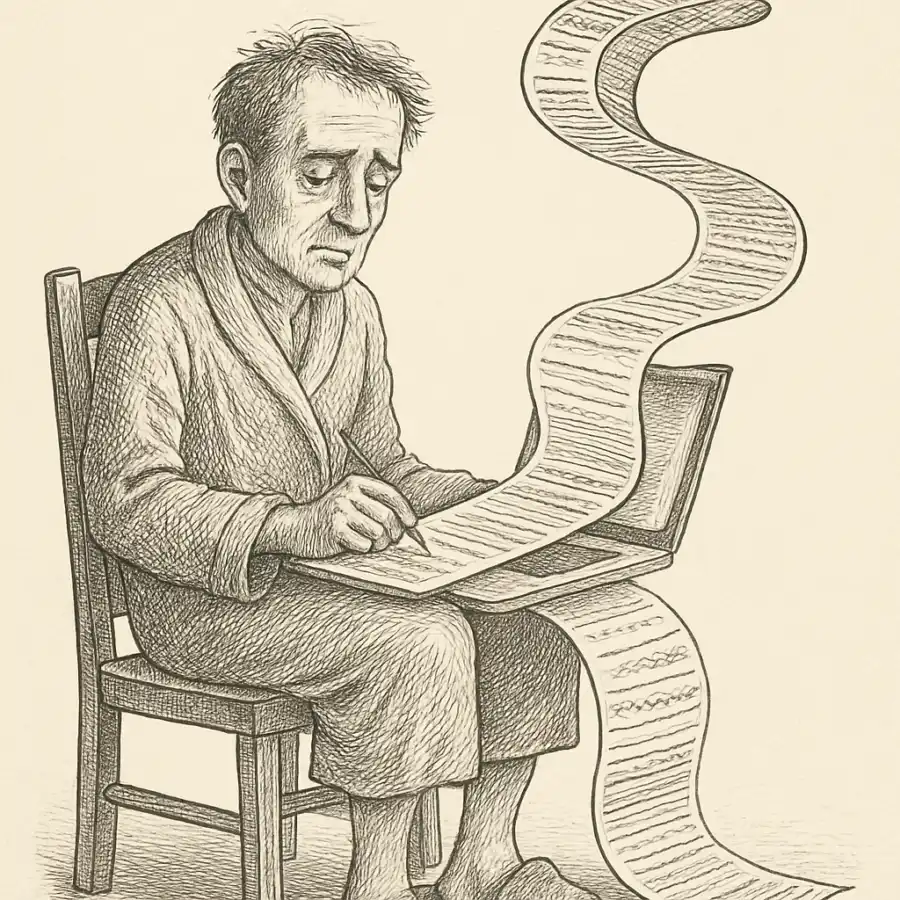 Ilustración en grabado sobre El formulario que no termina nunca: burocracia digital en pantuflas