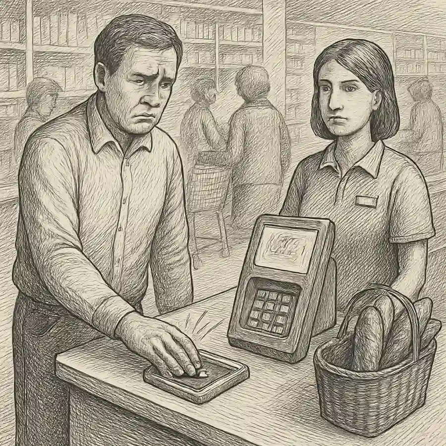 Mi huella no entra: cuando el pago biométrico te deja parado en la caja — ilustración Ilustración en grabado sobre Mi huella no entra: cuando el pago biométrico te deja parado en la caja