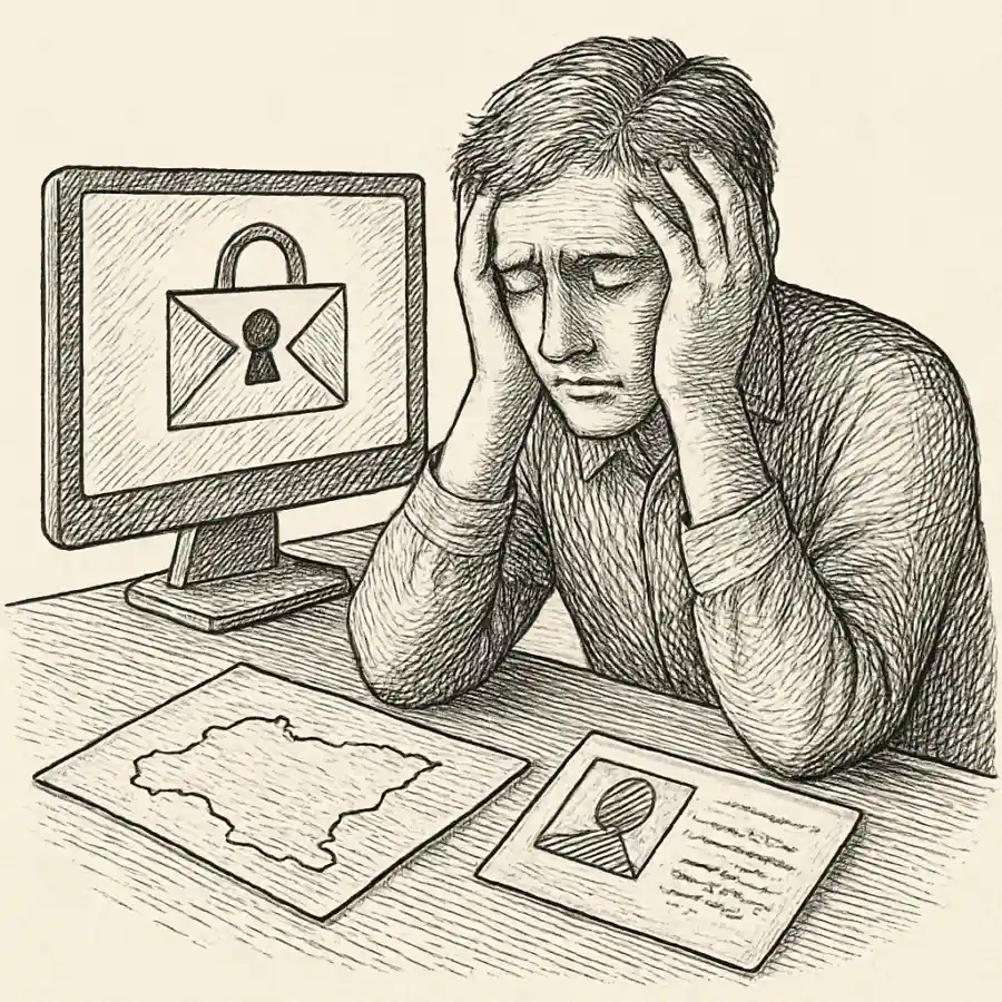 Ilustración en grabado sobre El día que me quedé “sin país” por un correo bloqueado