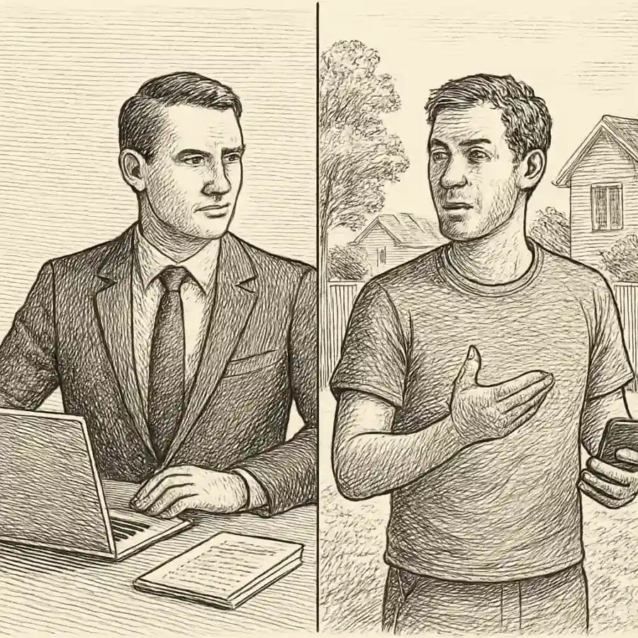 Mi “yo” de LinkedIn no conoce a mi “yo” del grupo del condominio — ilustración Ilustración en grabado sobre Mi “yo” de LinkedIn no conoce a mi “yo” del grupo del condominio