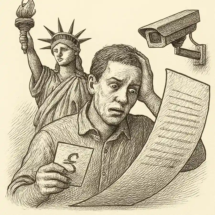 La renta básica no me asusta… lo que me asusta es el recibo invisible — ilustración Ilustración en grabado sobre La renta básica no me asusta… lo que me asusta es el recibo invisible