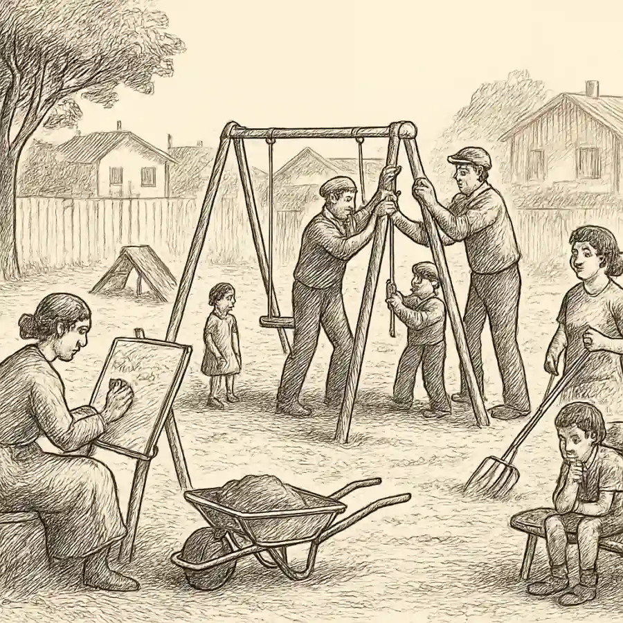El día que casi hicimos realidad la plaza del barrio (y después nos dio lata) — ilustración Ilustración en grabado sobre El día que casi hicimos realidad la plaza del barrio (y después nos dio lata)
