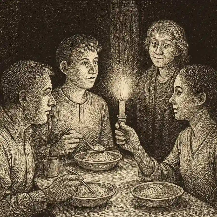 Se fue la luz justo cuando iba por la mitad del arroz, y ahí me di cuenta de algo — ilustración Ilustración en grabado sobre Se fue la luz justo cuando iba por la mitad del arroz, y ahí me di cuenta de algo