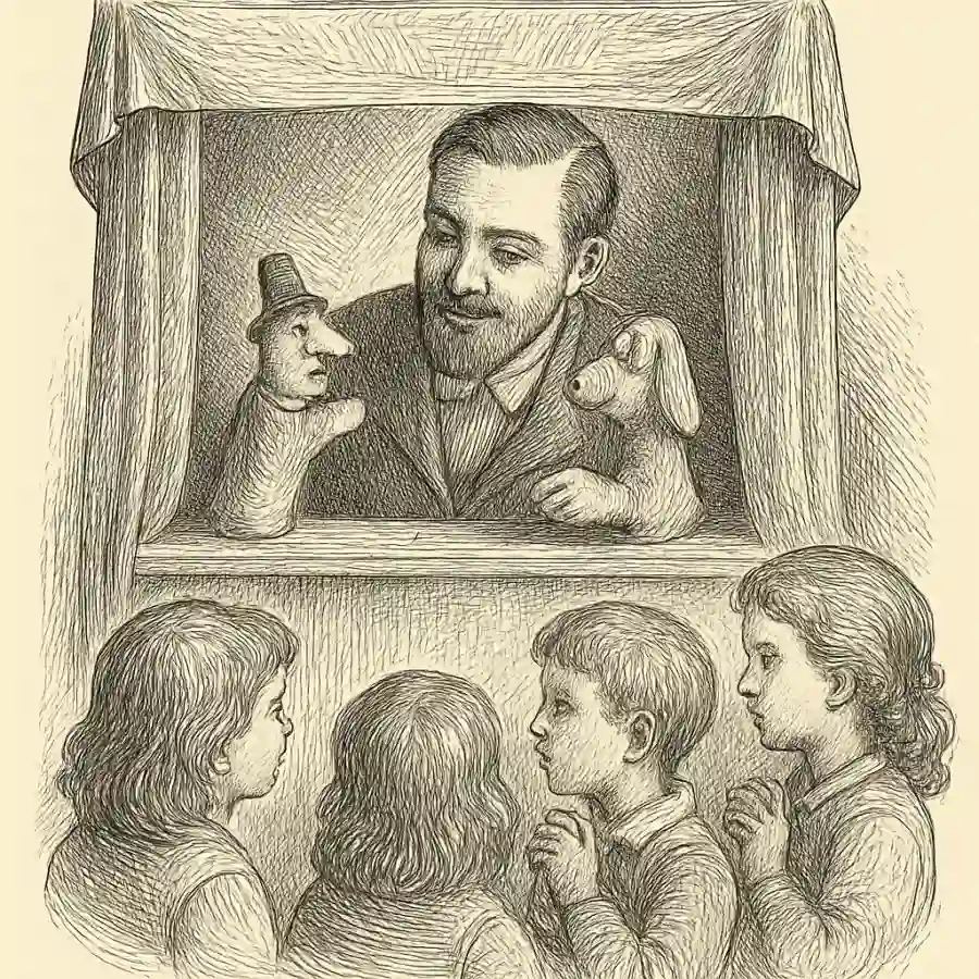 Con dos medias viejas armé un teatro, y los niños me lo creyeron todo — ilustración Ilustración en grabado sobre Con dos medias viejas armé un teatro, y los niños me lo creyeron todo