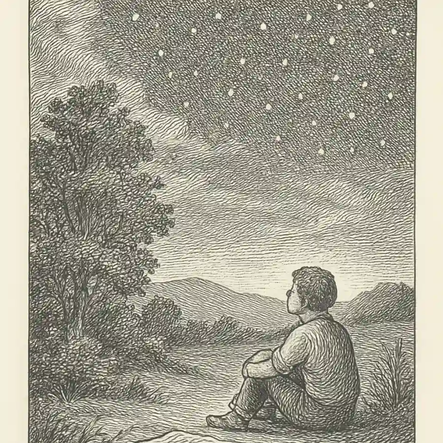 Esa noche el cielo estaba clarito, y yo me sentí chiquitico de verdad — ilustración Ilustración en grabado sobre Esa noche el cielo estaba clarito, y yo me sentí chiquitico de verdad