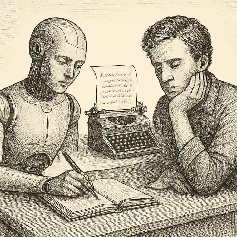 IA generativa: cuando la máquina escribe y yo me escucho — ilustración Ilustración en grabado sobre IA generativa: cuando la máquina escribe y yo me escucho