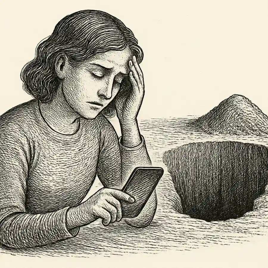 Mae, mi dedo no es una pala: el doomscrolling me estaba cavando por dentro — ilustración Ilustración en grabado sobre Mae, mi dedo no es una pala: el doomscrolling me estaba cavando por dentro