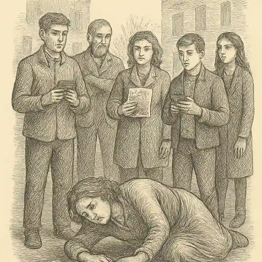 Cuando todos miran, nadie ayuda: el “modo espectador” que se nos pegó — ilustración Ilustración en grabado sobre Cuando todos miran, nadie ayuda: el “modo espectador” que se nos pegó