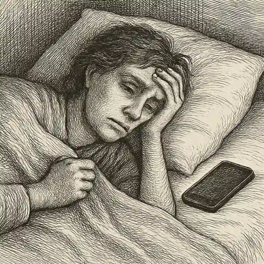 Ilustración en grabado sobre Mi insomnio no era “la vida”: era el teléfono en la almohada