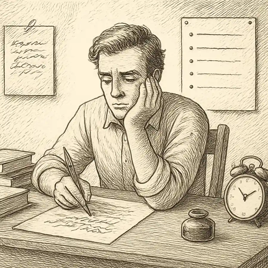 Hoy trabajé full… y casi no avancé — ilustración Ilustración en grabado sobre Hoy trabajé full… y casi no avancé