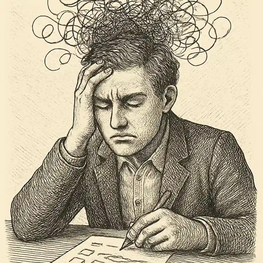 Mi cabeza no suelta lo que dejo a medias — ilustración Ilustración en grabado sobre Mi cabeza no suelta lo que dejo a medias