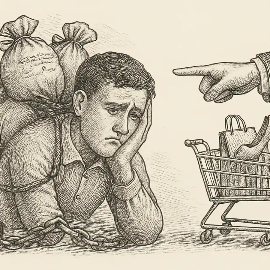 Me estoy endeudando por no quedarme atrás — ilustración Ilustración en grabado sobre Me estoy endeudando por no quedarme atrás