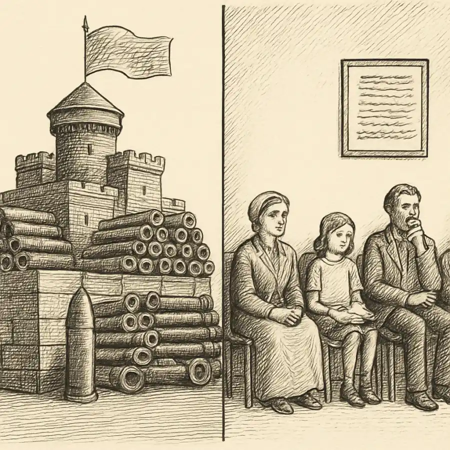 El récord del arsenal y la sala de espera — ilustración Ilustración en grabado sobre El récord del arsenal y la sala de espera