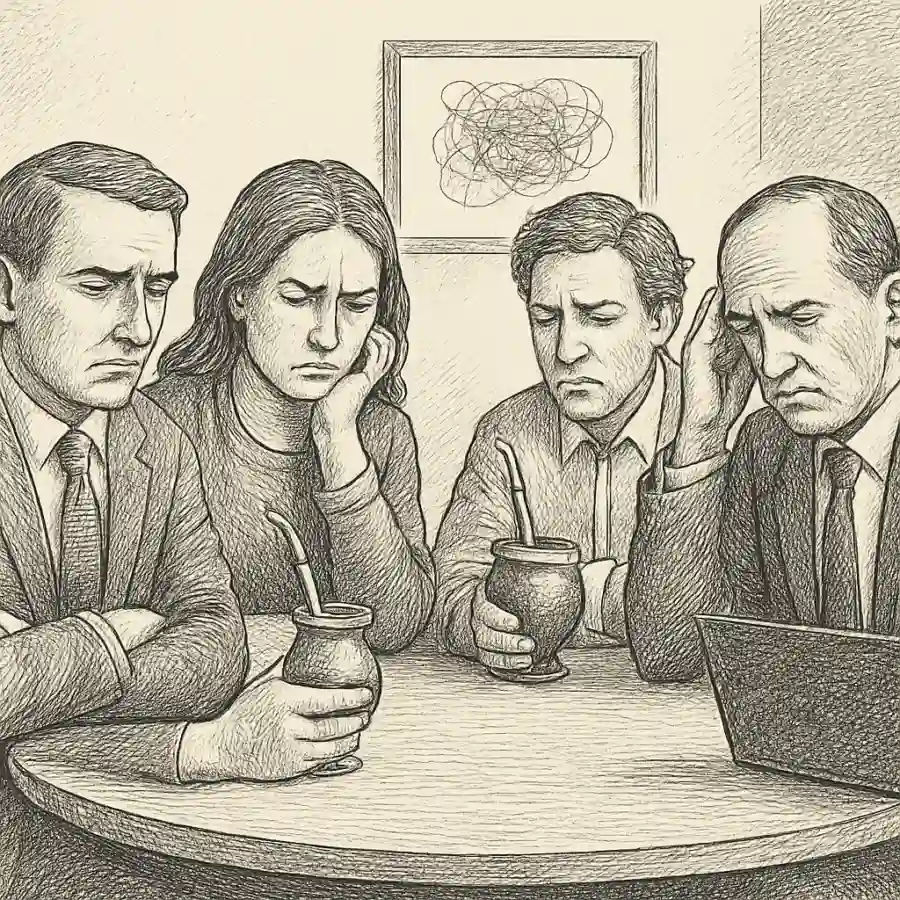 La ronda del mate donde todo está mal — ilustración Ilustración en grabado sobre La ronda del mate donde todo está mal
