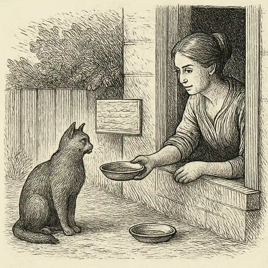 La gata de afuera y la ayuda que no se improvisa — ilustración Ilustración en grabado sobre La gata de afuera y la ayuda que no se improvisa