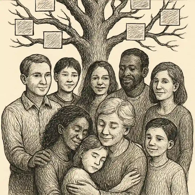 Ilustración en grabado sobre Mi familia no cabe en un árbol genealógico