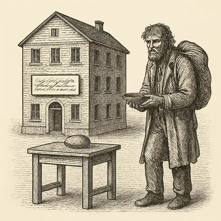 Una cama garantizada antes que una paga — ilustración Ilustración en grabado sobre Una cama garantizada antes que una paga