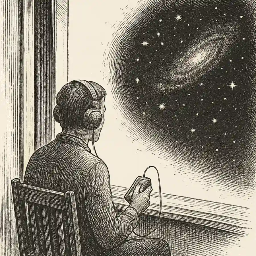 Ilustración en grabado sobre Energía oscura: cuando el universo se aleja y yo me quedo escuchando