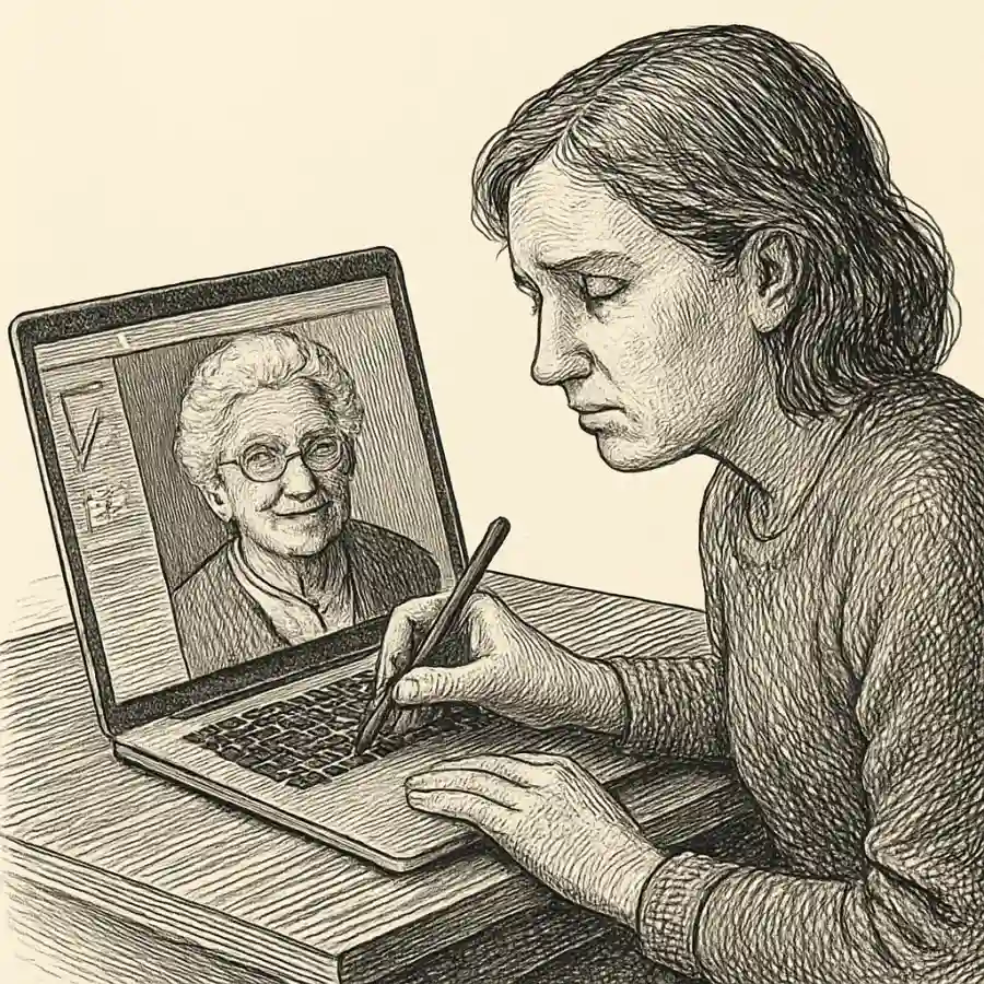 Volví a verle los colores a mi abuela, y no sé si eso se puede perdonar — ilustración Ilustración en grabado sobre Volví a verle los colores a mi abuela, y no sé si eso se puede perdonar