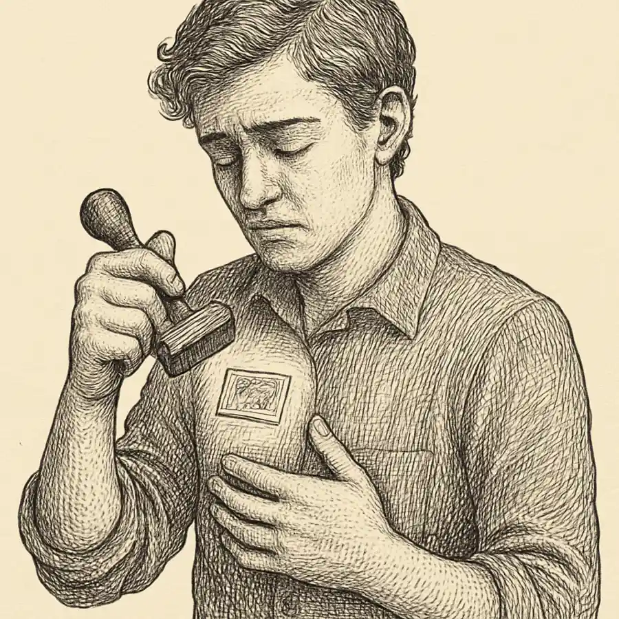 El sello se me queda pegado en la piel — ilustración Ilustración en grabado sobre El sello se me queda pegado en la piel