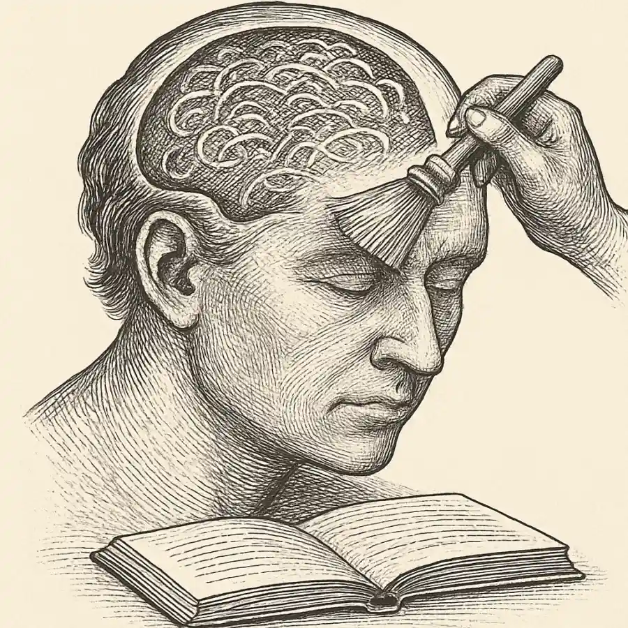 Ilustración en grabado sobre Una escobita para la cabeza: vivir con menos ideas repetidas