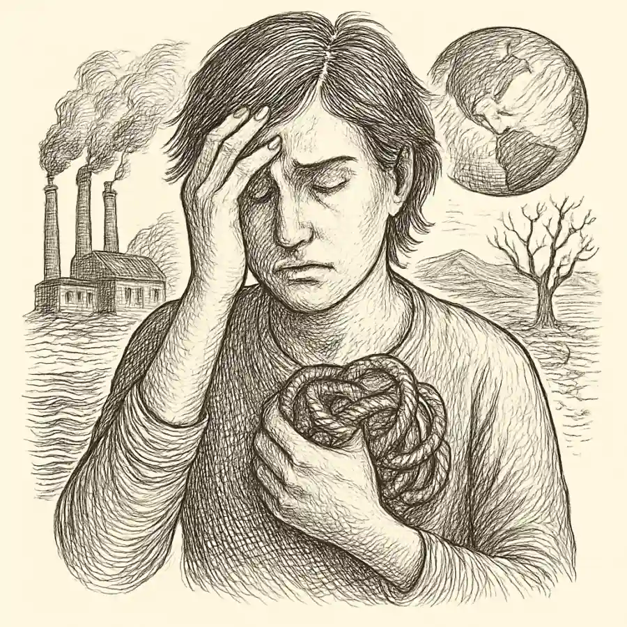 Ecoansiedad, un nudo en el pecho — ilustración Ilustración en grabado sobre Ecoansiedad, un nudo en el pecho
