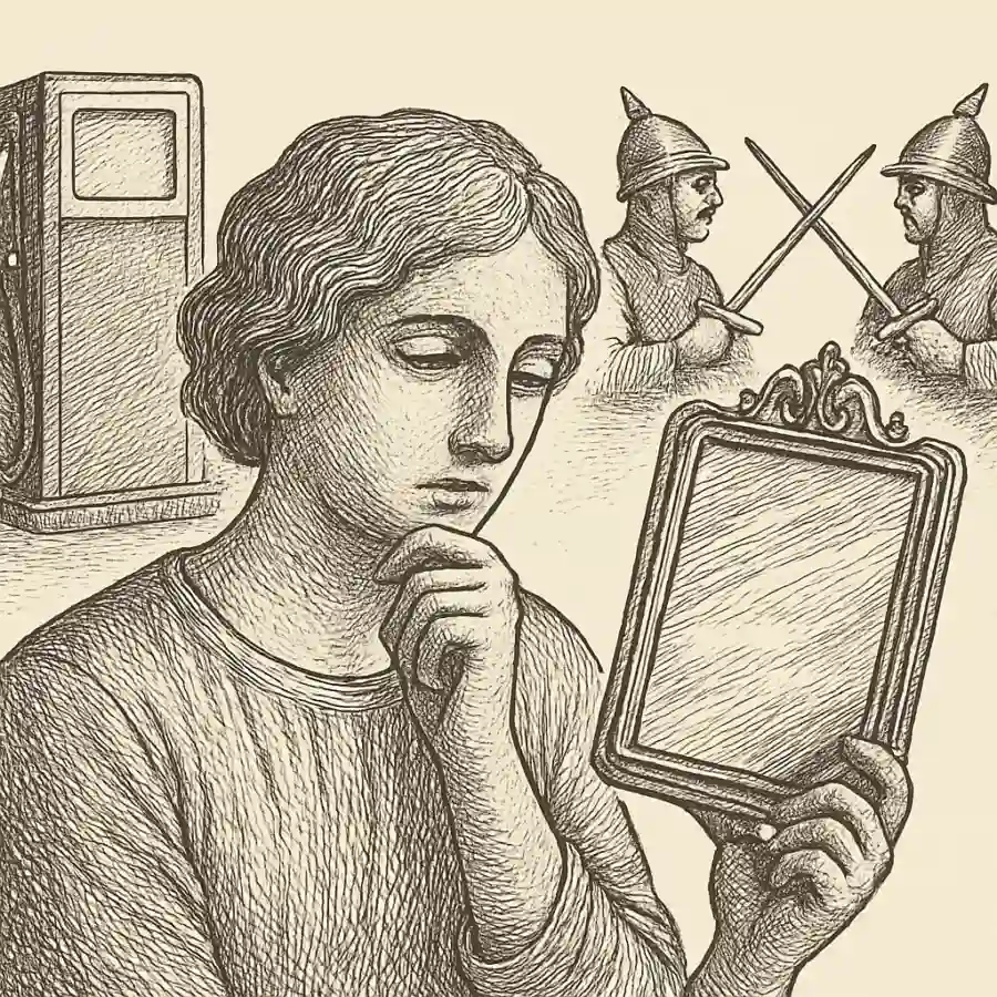 Historia, bandos y gasolina — ilustración Ilustración en grabado sobre Historia, bandos y gasolina