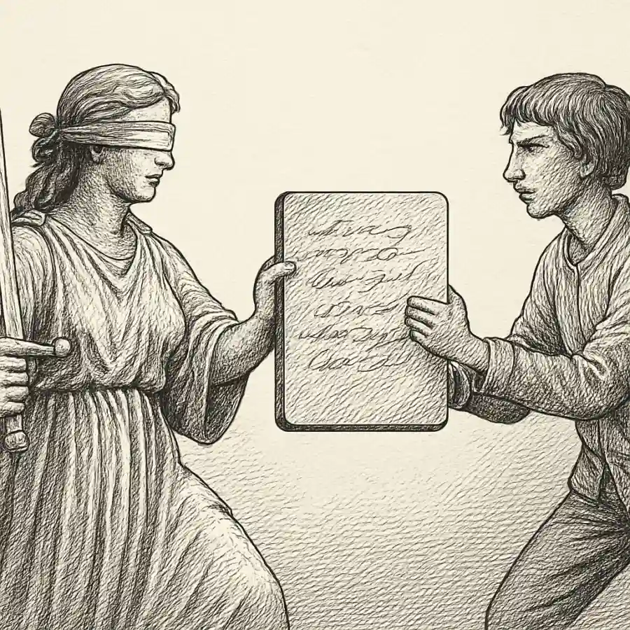 Justicia y sentido común, choque — ilustración Ilustración en grabado sobre Justicia y sentido común, choque