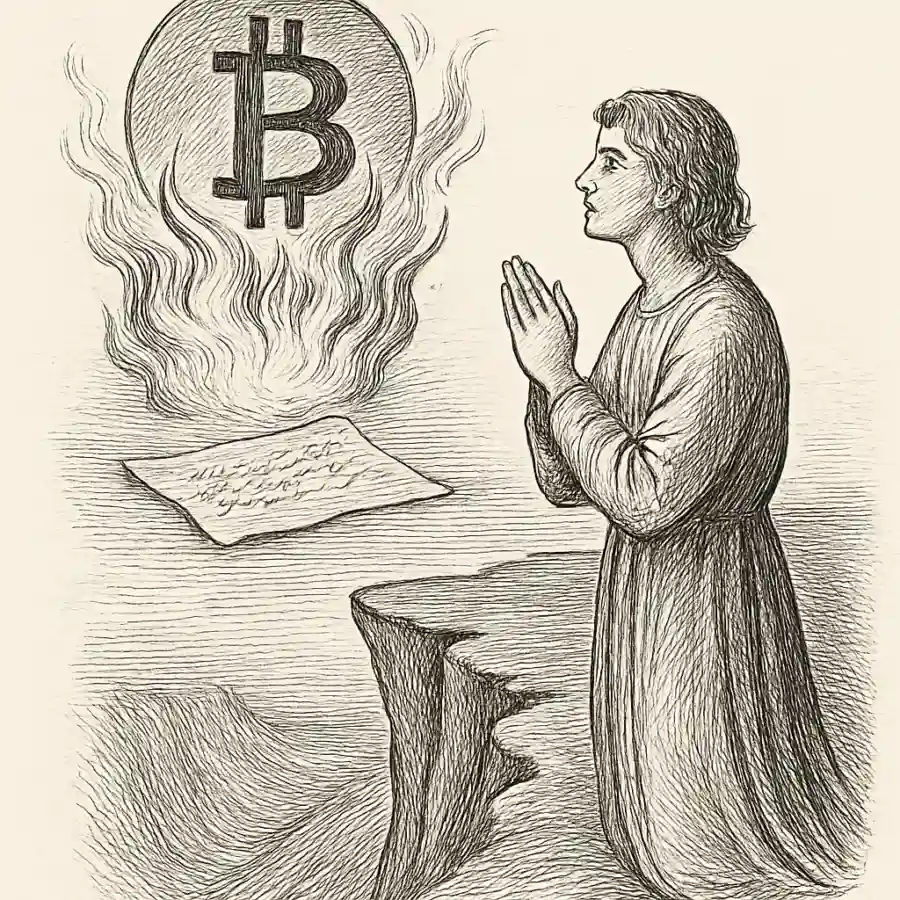 Bitcoin: fe, fuego y vértigo — ilustración Ilustración en grabado sobre Bitcoin: fe, fuego y vértigo
