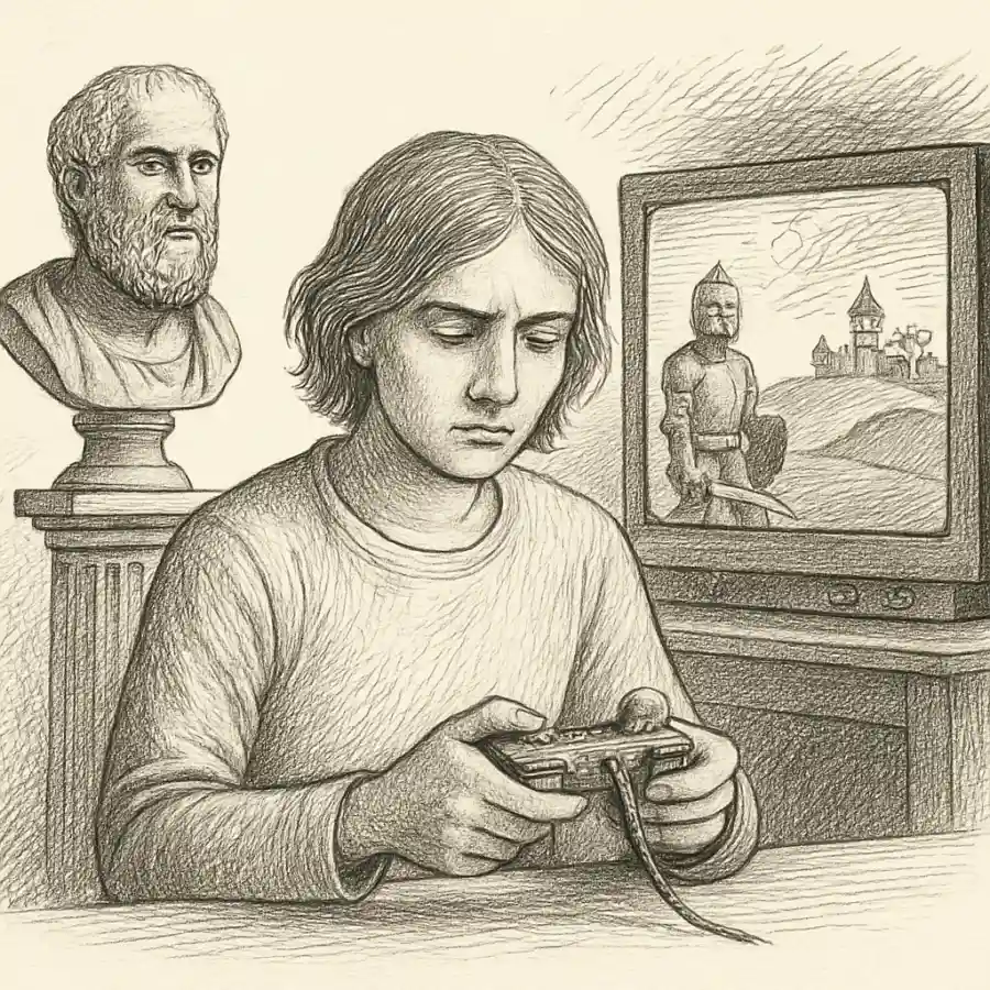 Ilustración en grabado sobre Videojuegos: cultura o anestesia