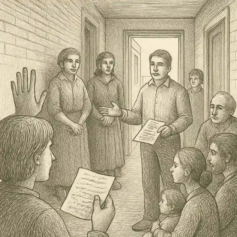 Ilustración en grabado sobre Asamblea en el pasillo, paz adentro