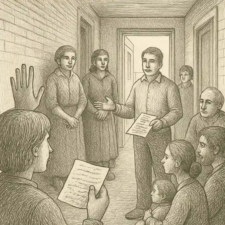 Asamblea en el pasillo, paz adentro — ilustración Ilustración en grabado sobre Asamblea en el pasillo, paz adentro