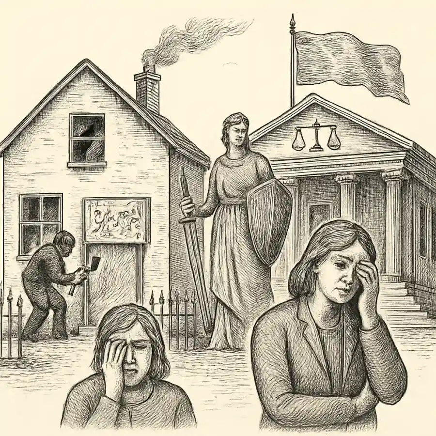 La casa como frontera: por qué la okupación no se arregla con alarmas, sino con Estado — ilustración Ilustración en grabado sobre La casa como frontera: por qué la okupación no se arregla con alarmas, sino con Estado