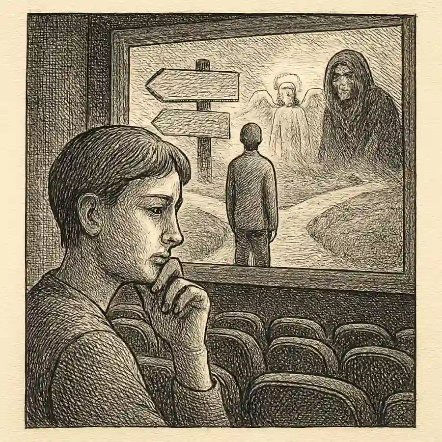 El cine y mis decisiones duras — ilustración Ilustración en grabado sobre El cine y mis decisiones duras
